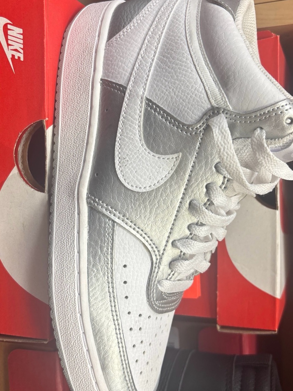 Nike White and Silver Low-Top Leather Sneakers